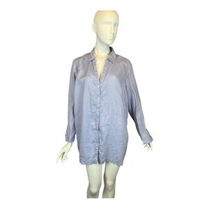 J. Jill Love Linen Blouse Blue Size 2X Tunic Button Front Tabbed Sleeves